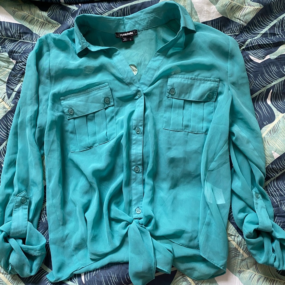 Teal, see-through, button down top